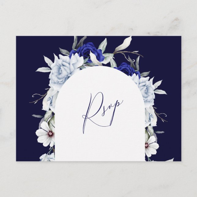 Elegant Dusty Blue Navy Floral Arch Wedding RSVP Postcard (Front)