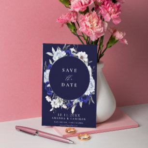 Elegant Dusty Blue Navy Floral Geometric Wedding Save The Date