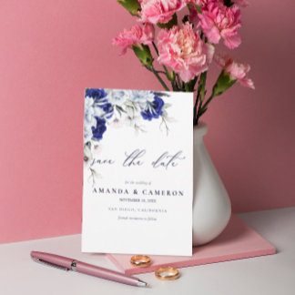 Elegant Dusty Blue Navy Floral QR Code Wedding  Save The Date