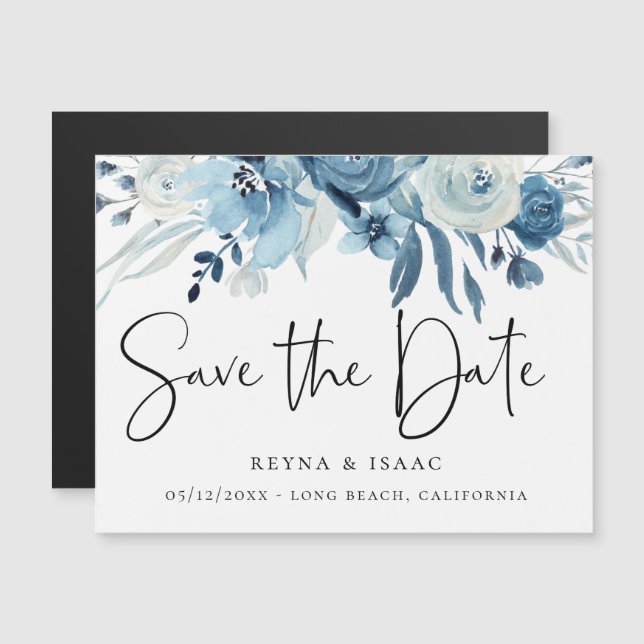 Elegant Dusty Blue Navy Floral Save the Date (Front/Back)