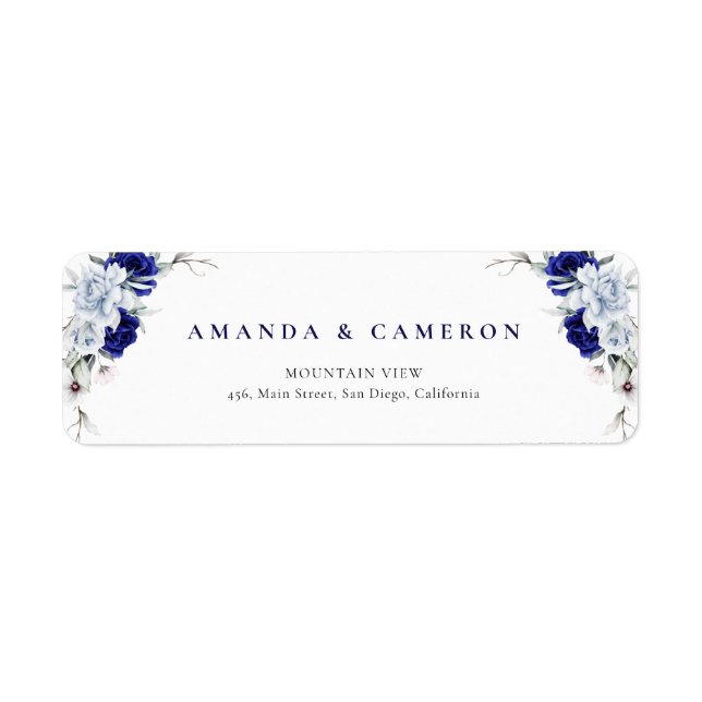 Elegant Dusty Blue Navy Floral Wedding Address (Front)