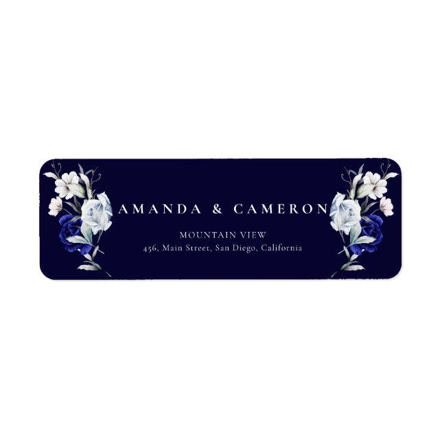 Elegant Dusty Blue Navy Floral Wedding Address (Front)