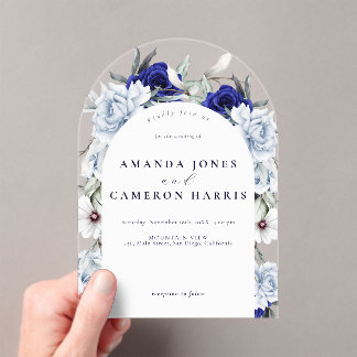 Elegant Dusty Blue Navy Floral Wedding Arch Acrylic Invitations