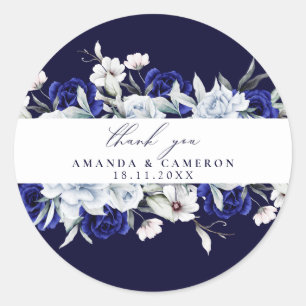 Elegant Dusty Blue Navy Floral Wedding Classic Round Sticker