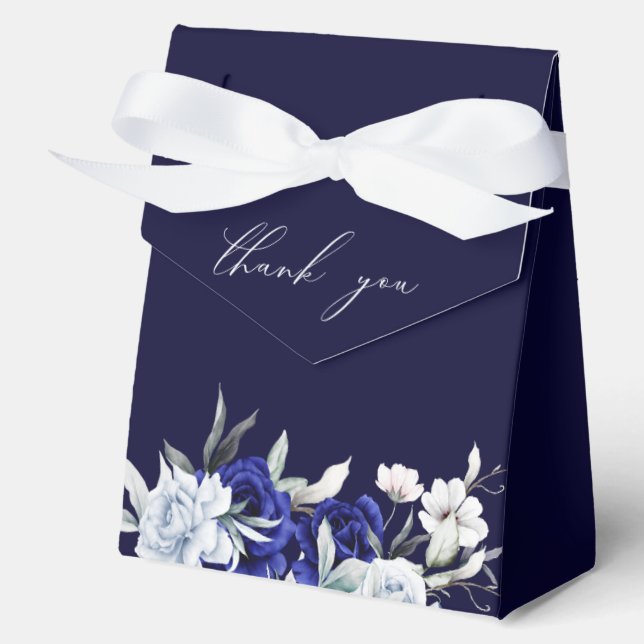 Elegant Dusty Blue Navy Floral Wedding  Favour Box (Front)