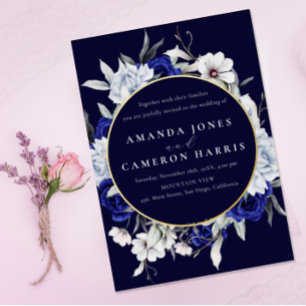 Elegant Dusty Blue Navy Floral Wedding Gold