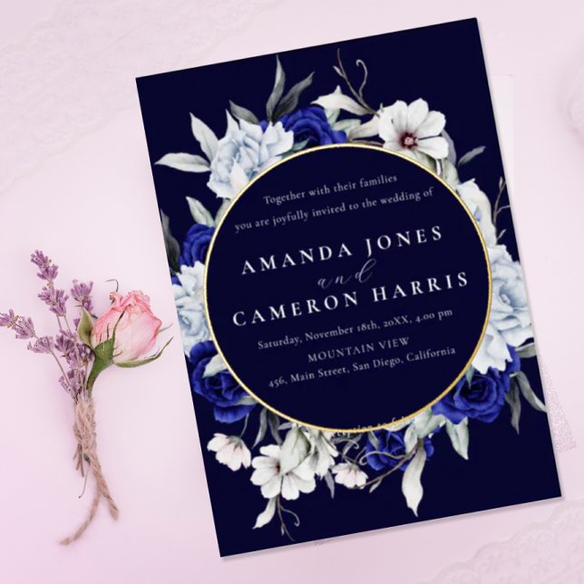 Elegant Dusty Blue Navy Floral Wedding Gold  (Creator Uploaded)