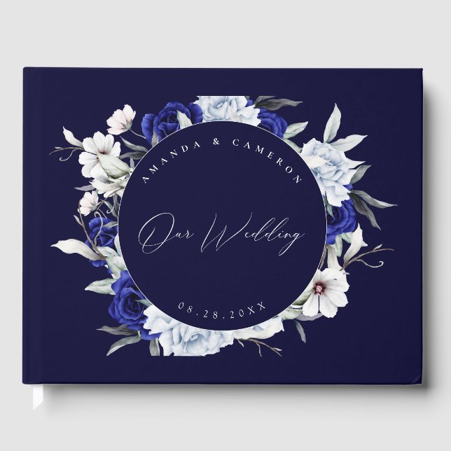 Elegant Dusty Blue Navy Floral Wedding Guest Book (Front)