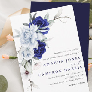 Elegant Dusty Blue Navy Floral Wedding Invitation