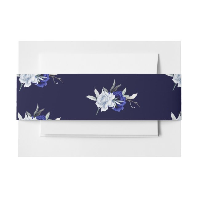 Elegant Dusty Blue Navy Floral Wedding  Invitation Belly Band (Front Example)