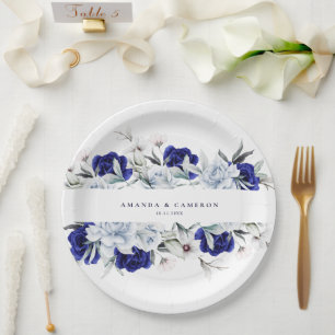Elegant Dusty Blue Navy Floral Wedding Paper Plate