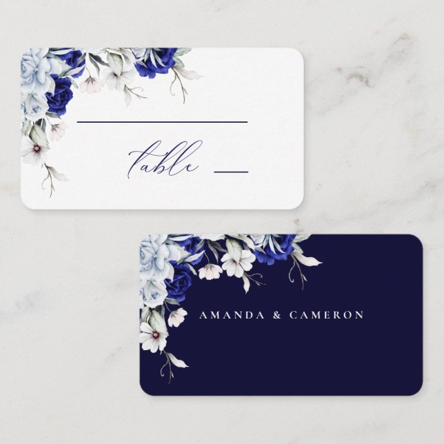 Elegant Dusty Blue Navy Floral Wedding Place Card (Front/Back)