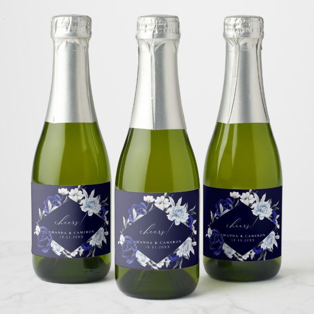Elegant Dusty Blue Navy Floral Wedding  Sparkling Wine Label (Bottles)