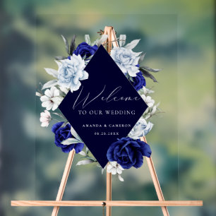 Elegant Dusty Blue Navy Floral Wedding Welcome  Acrylic Sign