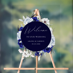 Elegant Dusty Blue Navy Floral Wedding Welcome  Acrylic Sign