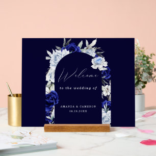 Elegant Dusty Blue Navy Floral Wedding Welcome  Acrylic Sign