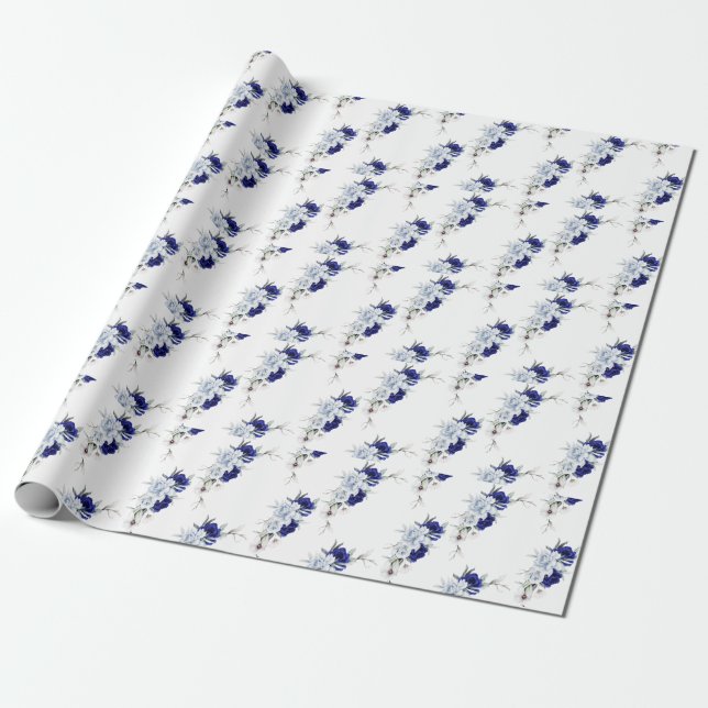 Elegant Dusty Blue Navy Floral Wedding  Wrapping Paper (Unrolled)