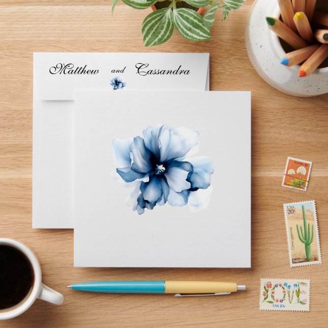 Elegant Dusty Blue Navy  Flowers Wedding  Envelope (Desk)