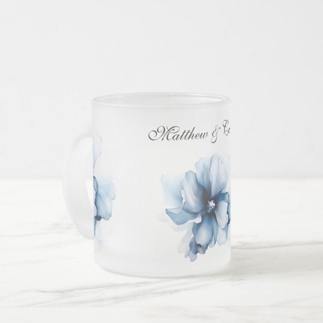 Elegant Dusty Blue Navy  Flowers Wedding  Frosted Glass Coffee Mug (Front Left)