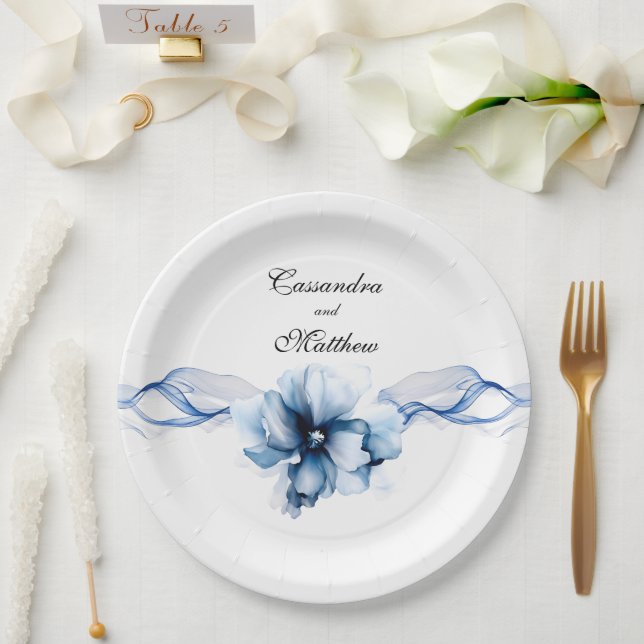 Elegant Dusty Blue Navy  Flowers Wedding  Paper Plate (Wedding)