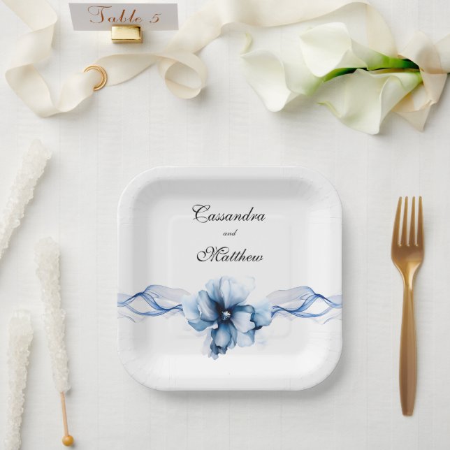 Elegant Dusty Blue Navy  Flowers Wedding  Paper Plate (Wedding)
