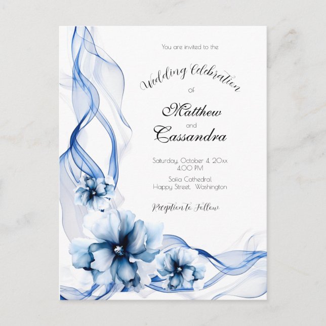 Elegant Dusty Blue Navy  Flowers Wedding  Postcard (Front)