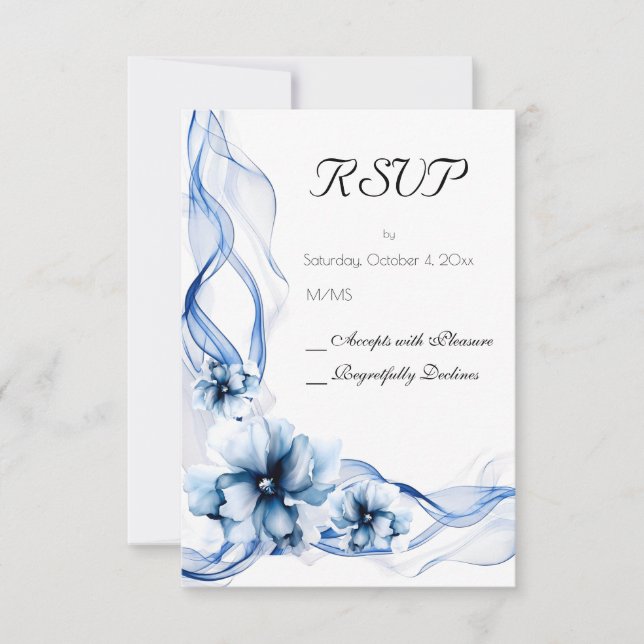 Elegant Dusty Blue Navy  Flowers Wedding  RSVP Card (Front)