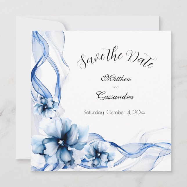 Elegant Dusty Blue Navy  Flowers Wedding  Save The Date (Front)