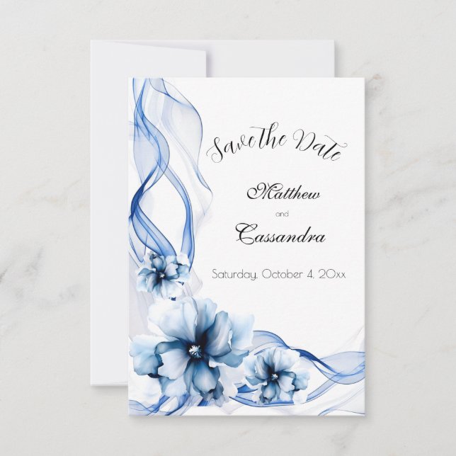 Elegant Dusty Blue Navy  Flowers Wedding  Save The Date (Front)