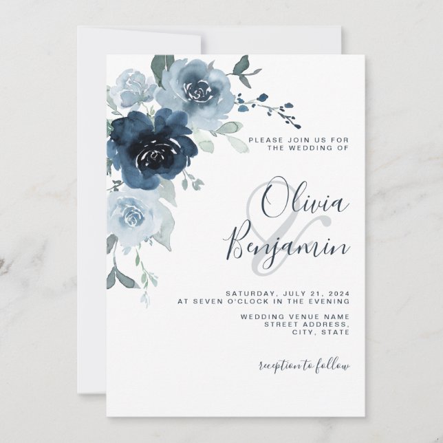 Elegant Dusty Blue Navy Pastel Boho Floral Wedding Invitation (Front)