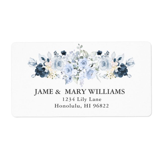 Elegant Dusty Blue Navy Roses Watercolor Label (Front)