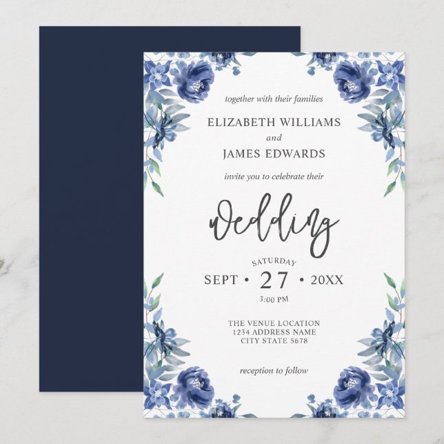 Elegant Dusty Blue Navy Rustic Floral Wedding Invitation (Front/Back)