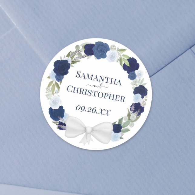 Elegant Dusty Blue & Navy Wreath of Roses Wedding Classic Round Sticker (Creator Uploaded)
