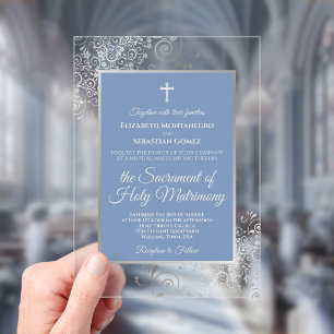 Elegant Dusty Blue Ornate Silver Catholic Wedding Acrylic Invitations