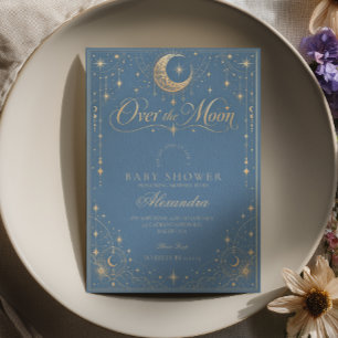 Elegant Dusty Blue Over The Moon Baby Shower Invitation