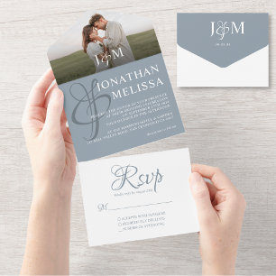 Elegant Dusty Blue Overlay Photo Monogram Wedding All In One Invitation