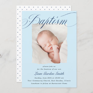 Elegant Dusty Blue Pastel Script Baptism Photo Inv Invitation