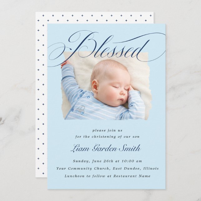 Elegant Dusty Blue Pastel Script Baptism Photo Invitation (Front/Back)