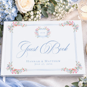 Elegant Dusty Blue Pastel Wildflower Crest Wedding Guest Book