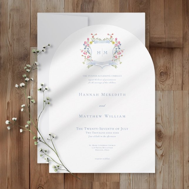Elegant Dusty Blue Pastel Wildflower Crest Wedding Invitation (Creator Uploaded)