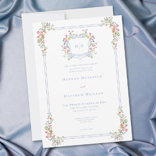 Elegant Dusty Blue Pastel Wildflower Crest Wedding Invitation