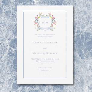 Elegant Dusty Blue Pastel Wildflower Crest Wedding Invitation