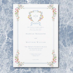 Elegant Dusty Blue Pastel Wildflower Crest Wedding Invitation