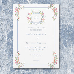 Elegant Dusty Blue Pastel Wildflower Crest Wedding Invitation