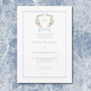 Elegant Dusty Blue Pastel Wildflower Crest Wedding Invitation