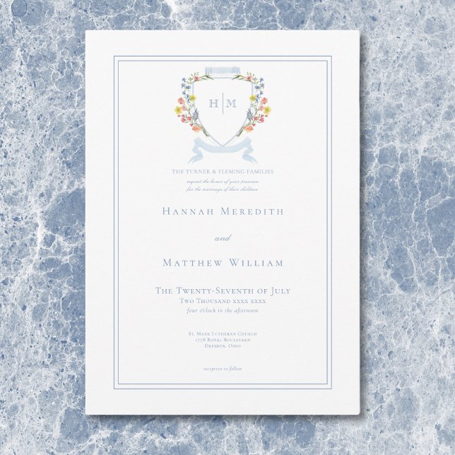Elegant Dusty Blue Pastel Wildflower Crest Wedding Invitation (Elegant Dusty Blue Pastel Wildflower Crest Wedding Invitation)