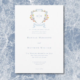Elegant Dusty Blue Pastel Wildflower Crest Wedding Invitation