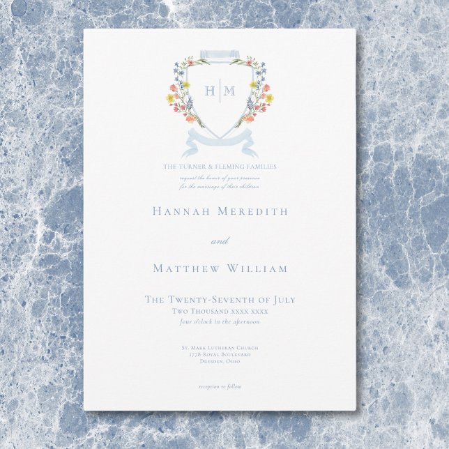 Elegant Dusty Blue Pastel Wildflower Crest Wedding Invitation (Elegant Dusty Blue Pastel Wildflower Crest Wedding Invitation)