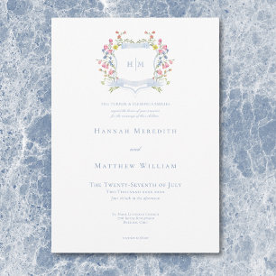 Elegant Dusty Blue Pastel Wildflower Crest Wedding Invitation