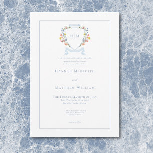 Elegant Dusty Blue Pastel Wildflower Crest Wedding Invitation